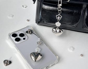 Llavero con forma de corazón y flor de plata, accesorio para bolso, accesorio estético para teléfono, regalo