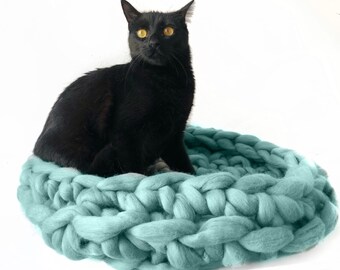 May include: A black cat sitting in a teal blue knitted cat bed.