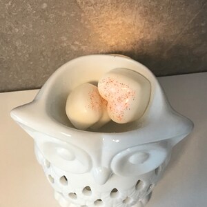 May include: White ceramic owl wax warmer with two heart-shaped wax melts. One wax melt is white and the other is white with a glittery finish.