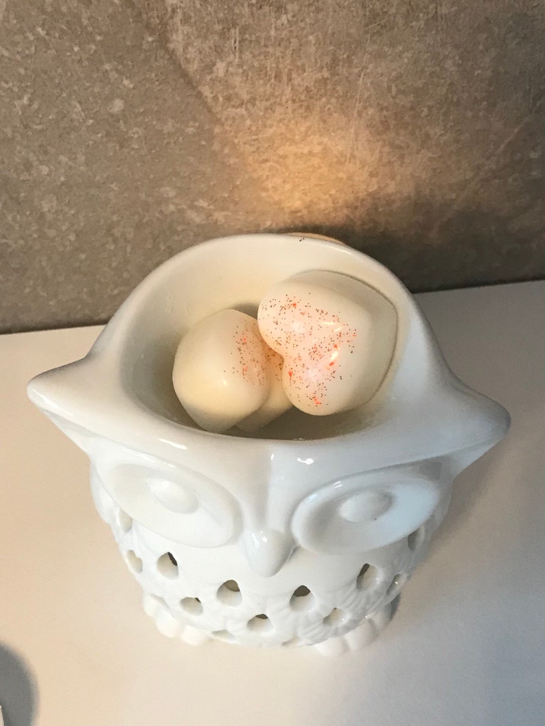 May include: White ceramic owl wax warmer with two heart-shaped wax melts. One wax melt is white and the other is white with a glittery finish.