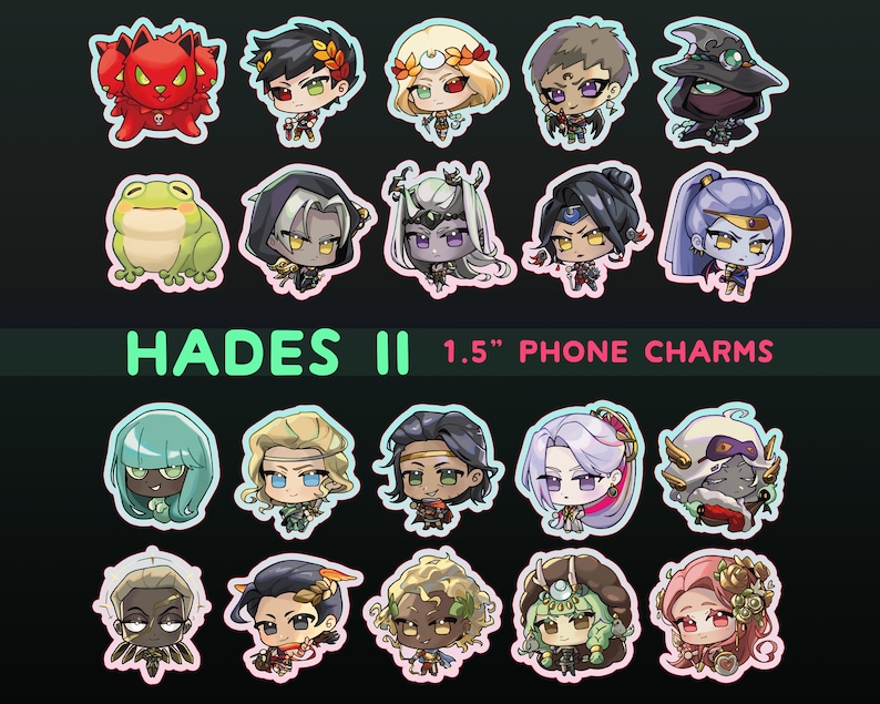May include: A set of 18 colorful phone charms featuring characters from the video game Hades II. The charms are 1.5 inches in diameter and feature a variety of characters, including a frog, a red creature with horns, and a variety of human characters with different hairstyles and clothing.