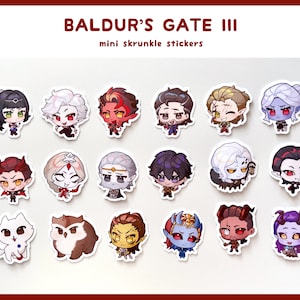 May include: A set of 16 mini skrunkled stickers featuring characters from the video game Baldur's Gate III. The stickers are printed on white, round backgrounds and feature a variety of characters, including a white wolf, a brown owl, and a variety of humanoids.