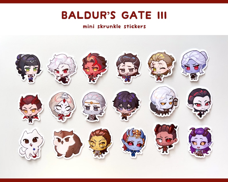 May include: A set of 16 mini skrunkled stickers featuring characters from the video game Baldur's Gate III. The stickers are printed on white, round backgrounds and feature a variety of characters, including a white wolf, a brown owl, and a variety of humanoids.