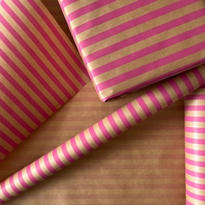Papier d'emballage kraft rose cerise à rayures, Papier d'emballage cadeau, Respectueux de l'environnement, 100 % recyclé, Papier d'emballage d'anniversaire, Emballage cadeau