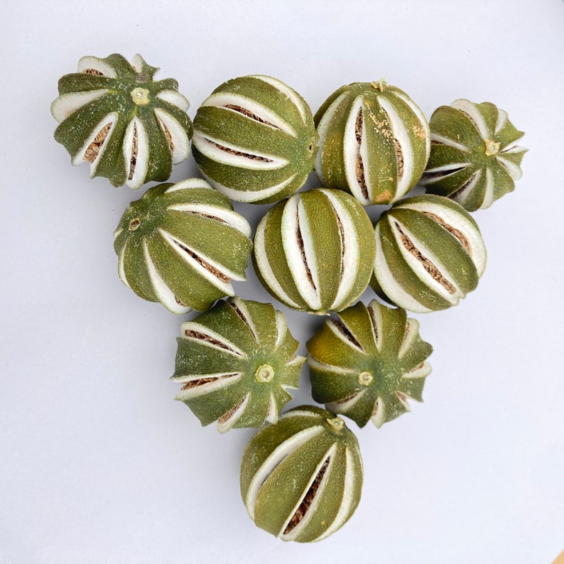 May include: A group of dried green limes with white stripes, arranged in a heart shape on a white surface.