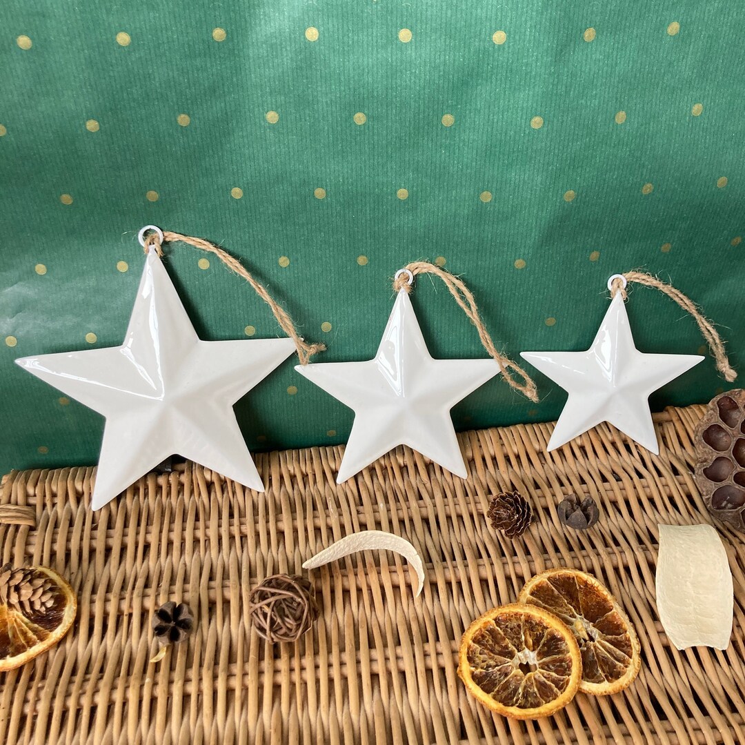 A Classic & Elegant Set of 3 Hanging White Enamel Christmas Tree Star ...