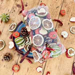 Könnte beinhalten: Ein klarer Plastikbeutel mit getrockneten Fruchtscheiben, Tannenzapfen und roten Chilischoten liegt auf einem blau-braunen Teller. Mehr getrocknete Früchte, kleine orangefarbene Paprika und grün-weiß gestreifte Zitrusfrüchte sind verstreut.