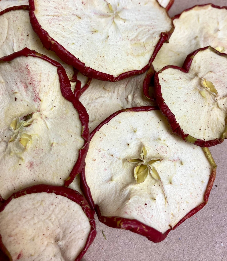 May include: A pile of dried apple slices with a red rim. The apple slices are arranged in a random pattern. The slices are light brown in color and have a slightly translucent appearance.