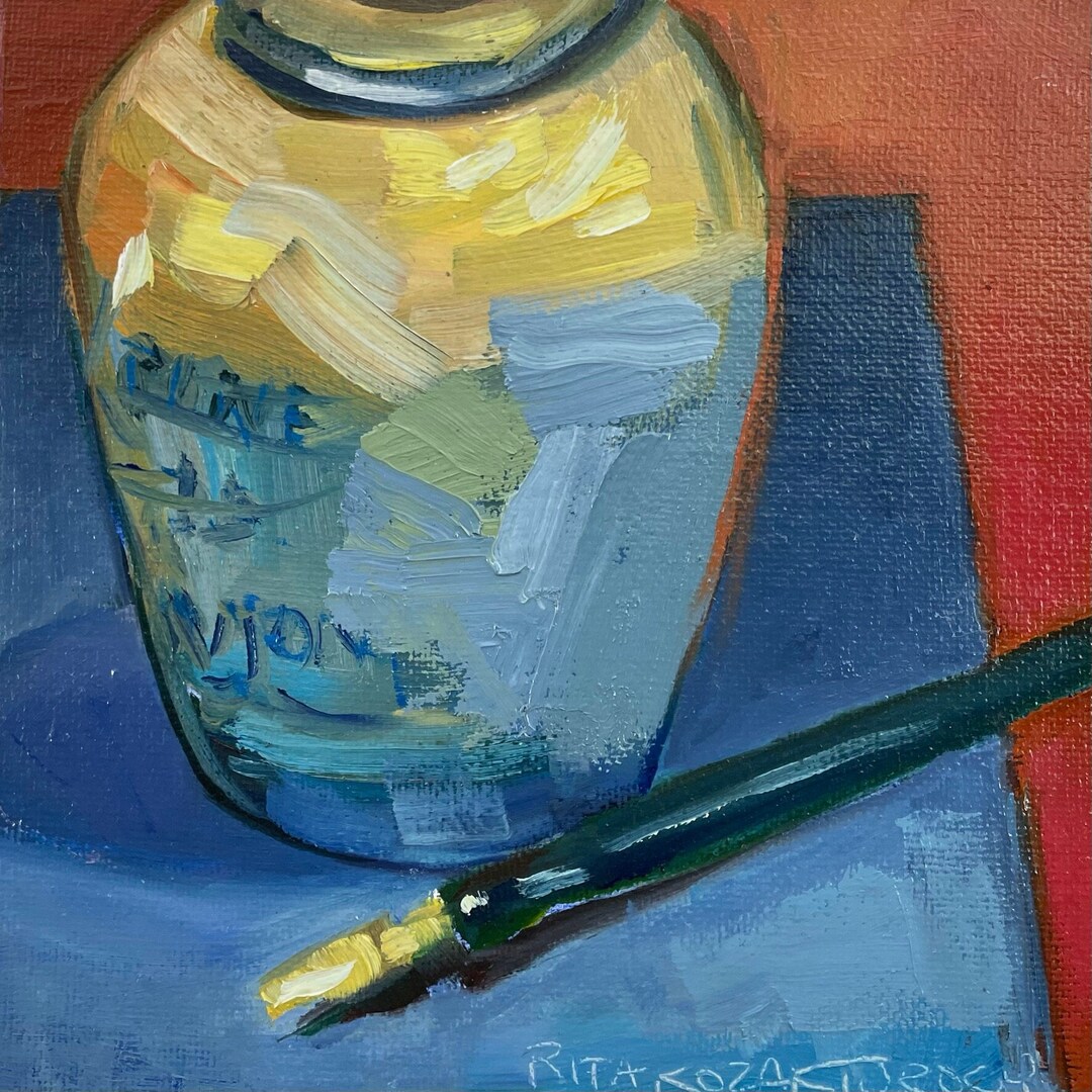 Mustard Jar With Pen Oil Painting on Canvas Board Etsy