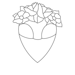 May include: A black and white line drawing of a heart with a flower crown on top. The flowers are stylized and have a simple design.
