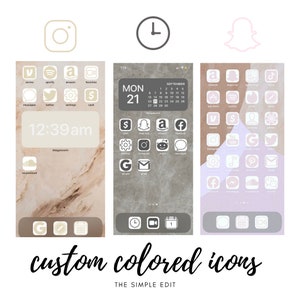 May include: A phone screen with custom colored icons. The icons are in a grid pattern and are all different colors. The icons include apps like Instagram, Snapchat, Amazon, Facebook, and more. The phone screen is on a marble background.