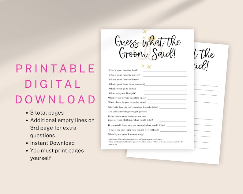 Guess What the Groom Said Printable Bridal Shower Game Etsy