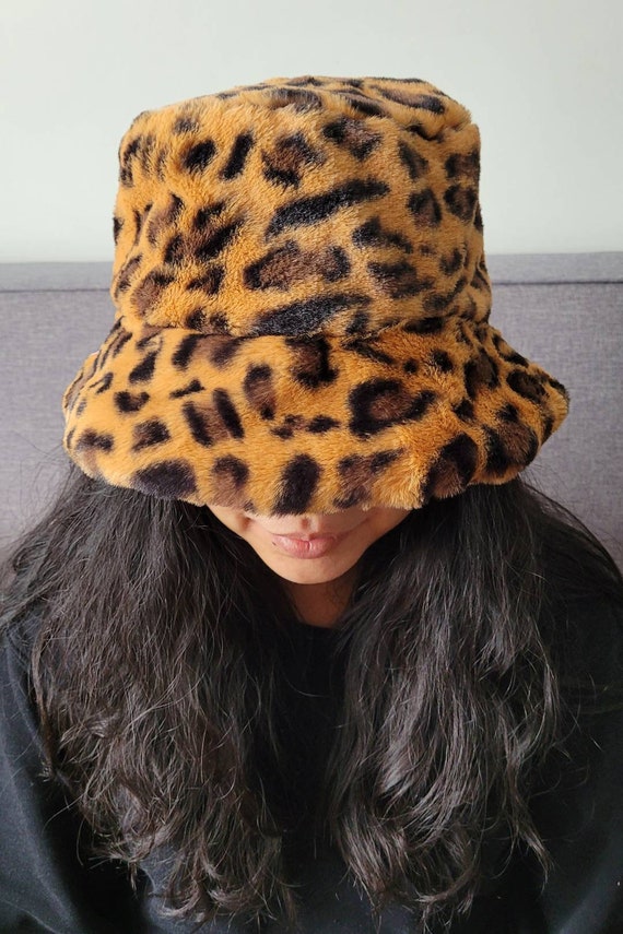 Leopard Print Faux Fur Bucket Hat Fuzzy 