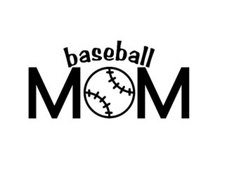 May include: Black and white graphic design with the text "baseball MOM" and a baseball in the centre.