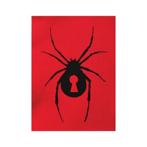 May include: A black silhouette of a spider with a keyhole in its abdomen on a red background.