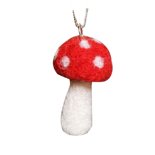 Locally Sourced Vermont Wool Needle Felted Toad Stool Mushroom Sterling Silver Necklace
