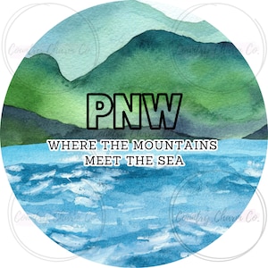PNW mountains & ocean sublimation, sticker design, digital download