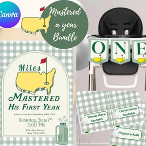 Könnte beinhalten: Ein Golf-Motto-Set für den ersten Geburtstag mit einem Hochstuhl-Banner mit der Aufschrift „ONE“. Die Einladung und die Essensetiketten zeigen ein Golfplatz-Kartendesign mit dem Text „Mastered His First Year“. Das Farbschema umfasst Grün, Gelb und Weiß.