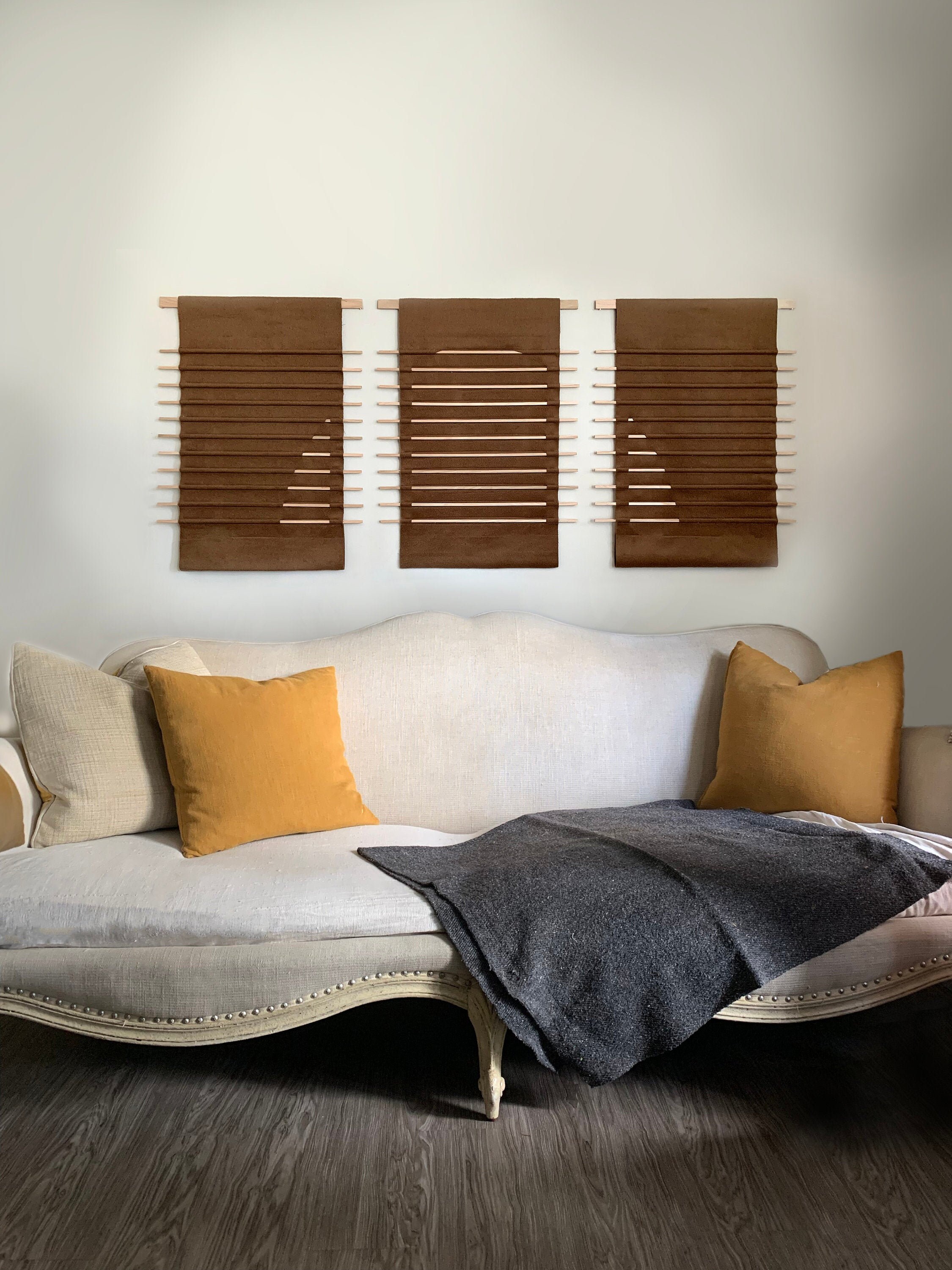 SUNSET WALL HANGING - (Fabric Wall Hanging) Fabric + Wood + Wool + Red Oak3 Piece Art - White, Black, Desert Brown Colors Available