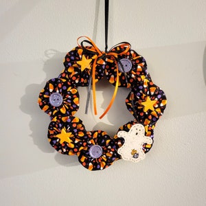 Halloween Fabric Yo-Yo Wreath: Ghost & Candy Corn Decor