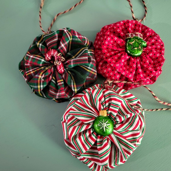 Set of Three Yo Yo Ornaments, Set of Three Christmas Tree Ornaments, Set of Three Double Yo Yo Ornaments,