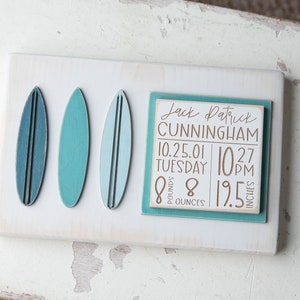 Surf theme birth announcement, Surf babe, Coastal Nursery, Nursery decor, Surf Nursery decor, Surfboard sign, wood surfboard, baby