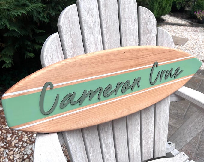Featured listing image: Surfboard sign, Surfboard wall art, Custom surfboard, coastal wood sign, coastal decor, Nursery decor, Teen decor, Surfboard name sign