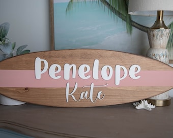 Custom Wood Surfboard Sign, Coastal Nursery Decor, Personalized Name Art