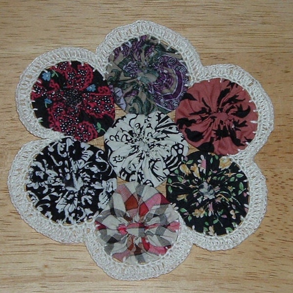 Unique Farmhouse Yo-Yo Doily, Hand sewn Yo-Yos PLUS hand crocheted edging, Dark Colors with Off-White edging