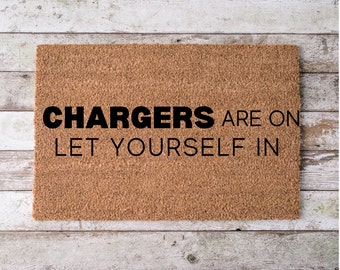 Chargers are On Let Yourself in Doormat | Chargers Mat | LA Chargers Decor | Patio Decor | Top Selling Front Doormat, Football Party Decor