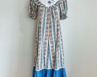 Vintage 70s Liberty House Cottagecore Peasant Mumu Midi Dress Women’s S Hawaii Tiered Floral Puff Sleeve