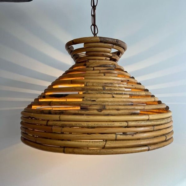 Vintage 1970s Luminaire Wicker Gothic Rattan Pendant Lamp Lighting Tested Italy Bamboo MCM Italian Midcentury Ceiling Lamp