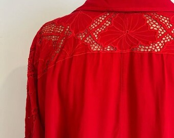 vintage Heliotrope M/L haut de chemise boutonné en dentelle brodée à la main pour femmes