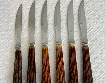 6 couteaux à steak VTG Crown Sheffield Angleterre, poignées de type cerf en acier inoxydable dentelé rétro vintage