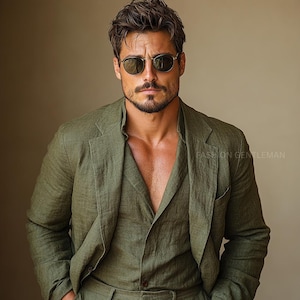 Premium Linen Summer OLIVE GREEN colour Two Piece Relax Fit Suit For Men, Groom & Groomsmen Linen Suit, Tailored Linen Suit, Summer party