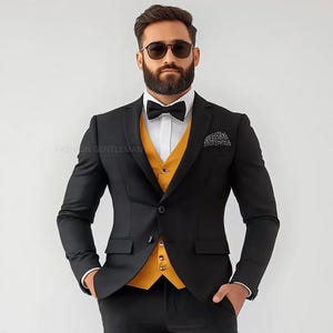 Luxury Black Colour Three Piece Slim Fit Suit with Black Pants For Men, Groom And Groomsmen Suit , Tailored Suit,Prom Wear,bespoke for Men