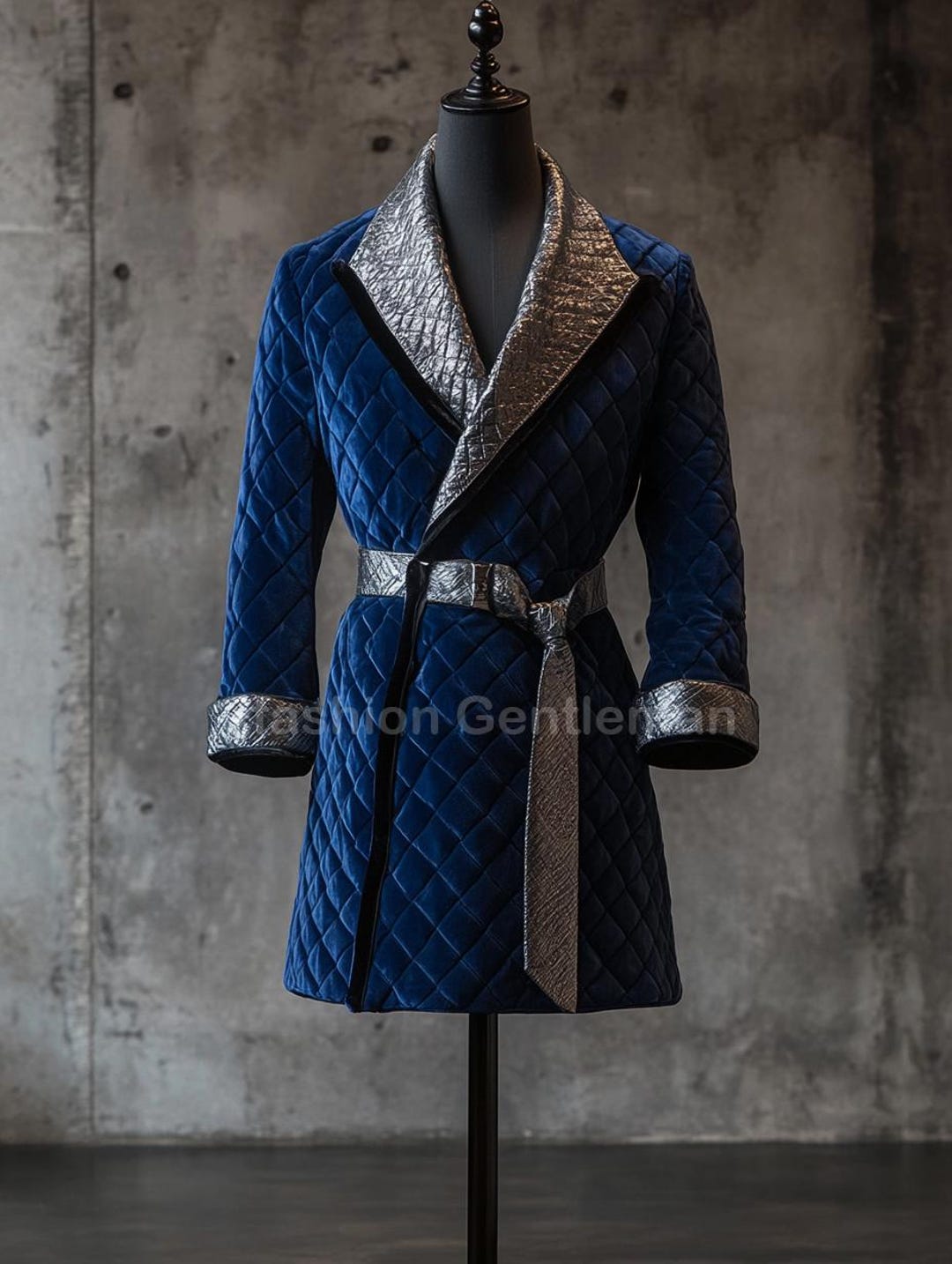 Mens Velvet Smoking Robe Blue: Grey Quilted, Black Lapel, Handmade - Etsy