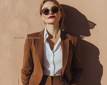 Elegante traje marrón ajustado: conjunto de dos piezas para mujer
