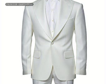 May include: A white suit with a single button closure. The suit jacket has a shawl collar and a pocket on the left side. The suit pants have a straight leg.