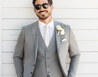 Grauer Slim Fit Anzug: 3-teiliger Herrenhochzeitsanzug