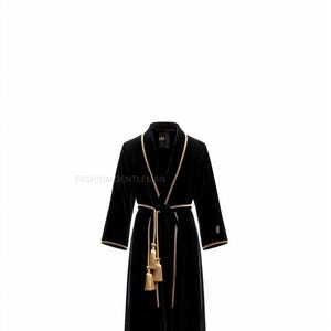 May include: Black velvet robe with gold trim and tassels. The robe has a shawl collar and a tie belt.