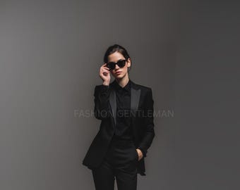 Slim Fit Black Tuxedo Suit for Women - Two Piece Tailored