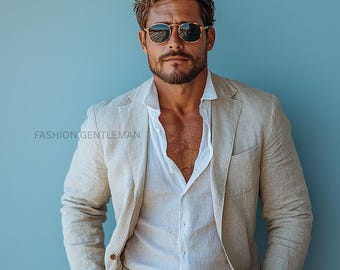 Handmade Beige Linen Suit, Two Piece Relax Fit, Summer Wedding