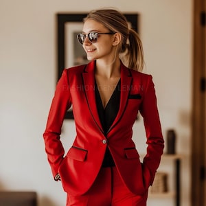 Red Tailored Suit for Women: 2-Piece Relax Fit Blazer & Pants