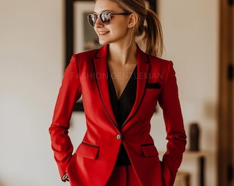 Beau costume rouge 2 pièces coupe slim pour femme, fête de bureau et mariage, costume sur mesure, fête de Noël et meilleur cadeau pour femme