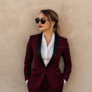 Burgundy Tuxedo Suit: Slim Fit Two Piece with Black Lapels