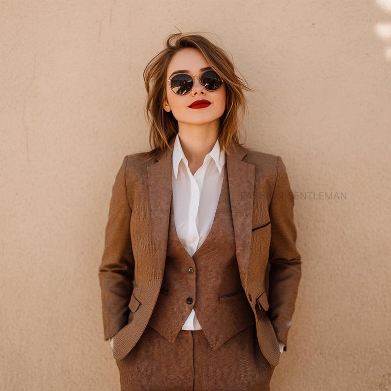 May include: A brown suit with a white shirt and a brown vest. The person is wearing sunglasses and red lipstick.