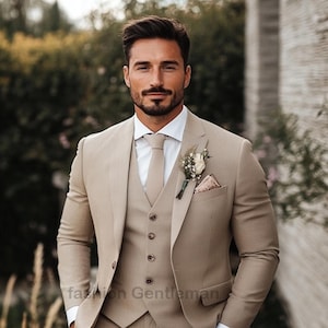 Beige Slim Fit Suit: 3-Piece Tailored Wedding Suit