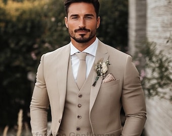 Beige Slim Fit Hochzeitsanzug: 3-teiliger Hochzeitsanzug