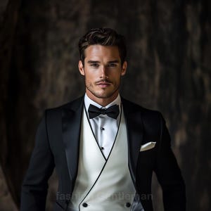 Black Three Piece Slim Fit Suit For Men, Groom And Groomsmen Suit For Wedding, Tailored Suit,Prom Wear,bespoke for Men & Off White Waistcoat